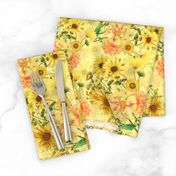 12" Vintage Sunflower bouquets on yellow,Sunflowers fabric ,sunflower fabric