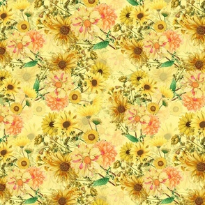 12" Vintage Sunflower bouquets on yellow,Sunflowers fabric ,sunflower fabric