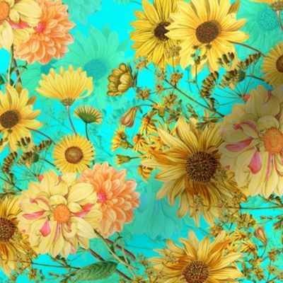 12" Vintage Sunflower bouquets on teal,Sunflowers fabric ,sunflower fabric