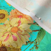 12" Vintage Sunflower bouquets on teal,Sunflowers fabric ,sunflower fabric