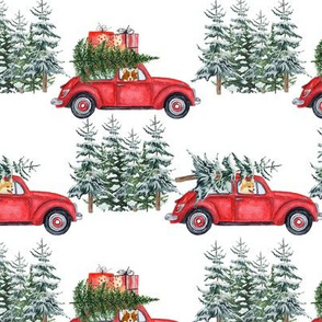 6" Holiday Christmas Tree Car and Corgi in Woodland, christmas fabric,corgi dog fabric 2
