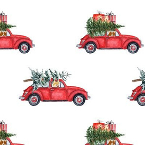 6" Holiday Christmas Tree Car and Corgi in Woodland, christmas fabric,corgi dog fabric 3
