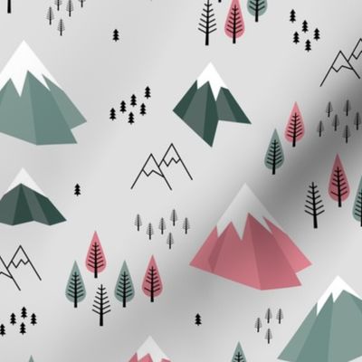 Geometric climbing hills little enchanted forest mountains trees snow tops nordic evergreen green pink