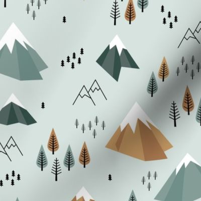 Geometric climbing hills little enchanted forest mountains trees snow tops nordic evergreen green cinnamon camel