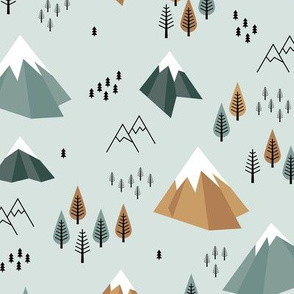 Geometric climbing hills little enchanted forest mountains trees snow tops nordic evergreen green cinnamon camel