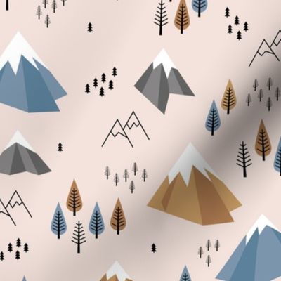 Geometric climbing hills little enchanted forest mountains trees snow tops nordic evergreen blue brown camel