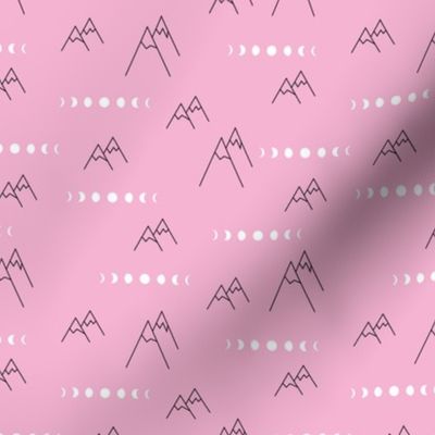 Full moon new moon phase and climbing mountains geometric abstract outdoor adventure pink