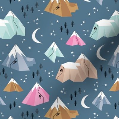 Geometric blue mountains climbing and bouldering new moon night winter cool blue pink