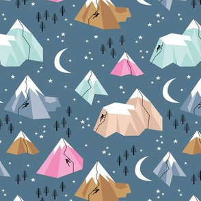 Geometric blue mountains climbing and bouldering new moon night winter cool blue pink