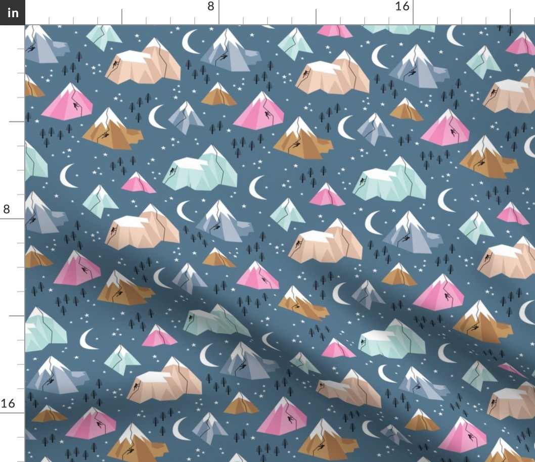 Geometric blue mountains climbing and bouldering new moon night winter cool blue pink