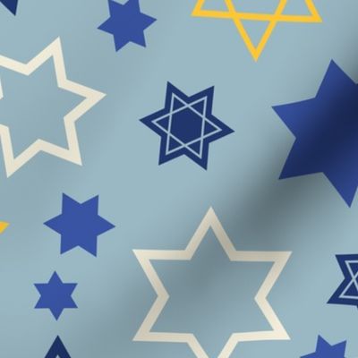 Star of David scatterd on light blue background