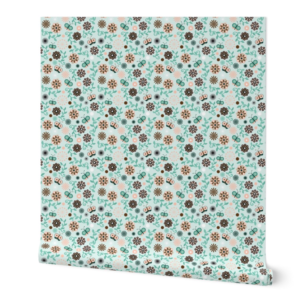 Folk Flowers and Butterflies on Mint Green