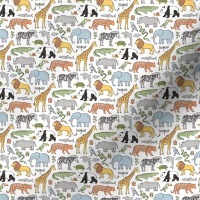 Zoo Jungle Animals Doodle with Panda, Giraffe, Lion, Tiger, Elephant, Zebra,  Birds Tiny Small Around 1 inch