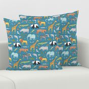 Zoo Jungle Animals Doodle with Panda, Giraffe, Lion, Tiger, Elephant, Zebra,  Birds on Dark Blue Navy