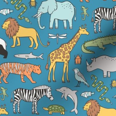 Zoo Jungle Animals Doodle with Panda, Giraffe, Lion, Tiger, Elephant, Zebra,  Birds on Dark Blue Navy