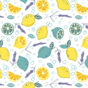 Lemons tropical fruit summer pattern, summer dress, tablecloth, kitchen deco, beach, bright background