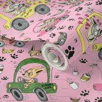 chihuahuas in cars drinking coffee, large scale, pink