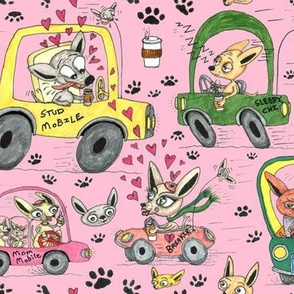 chihuahuas in cars drinking coffee, large scale, pink
