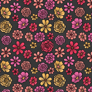 Bright Watercolor Flowers on Charcoal Black Background.