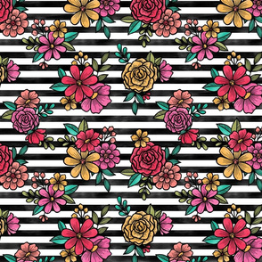 Bright Watercolor Flowers on Black and White Stripe