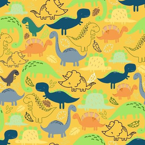 Dinosaur doodle yellow background