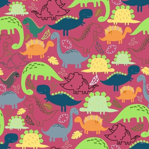 Dinosaur doodle dark pink background