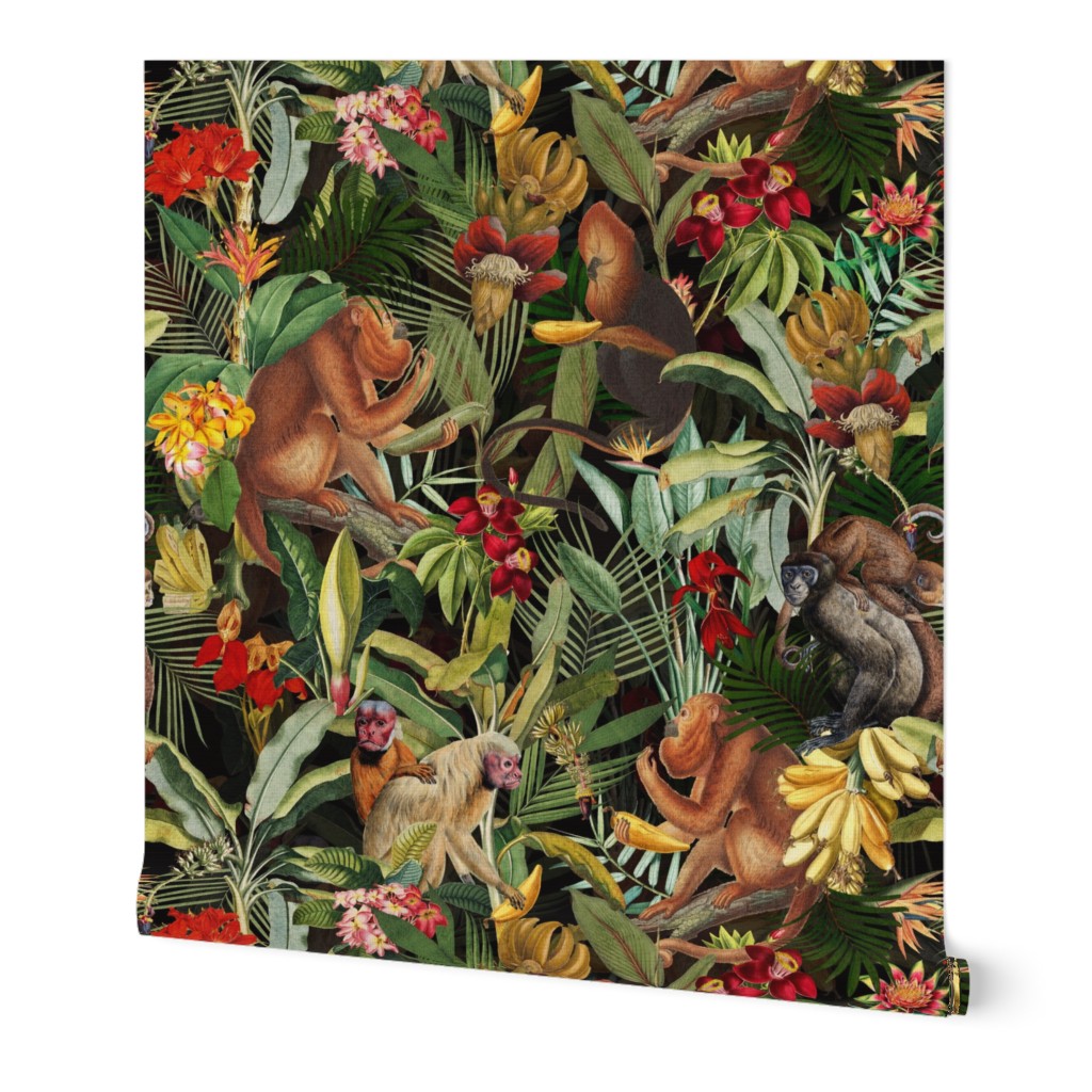 12" Monkeys Bananas Flowers Tropical Jungle Black