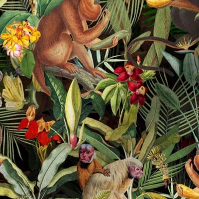 12" Monkeys Bananas Flowers Tropical Jungle Black