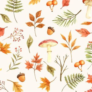 Fall Foliage // Cream Linen - Autumn, Mushrooms, Leaves, Rustic, Acorn