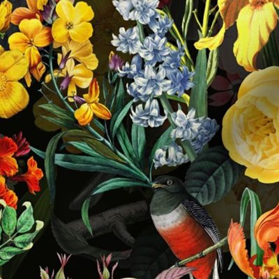 18" Vintage Toucan Bird Spring Flowers Midnight  Garden Jungle black