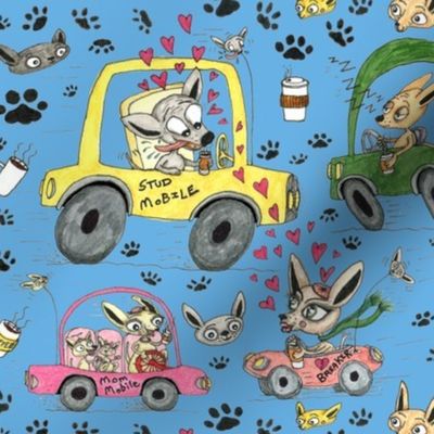 chihuahuas in cars drinking coffee, large scale, blue