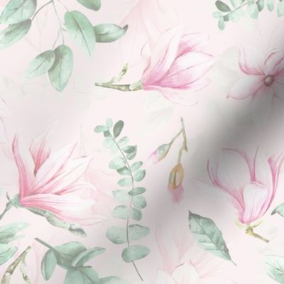 10" Pink  Hand Drawn Watercolor Magnolia Flowers Spring Pattern