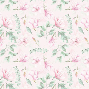 10" Pink  Hand Drawn Watercolor Magnolia Flowers Spring Pattern