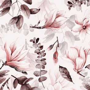 10" Sepia  Hand Drawn Watercolor Magnolia Flowers Spring Pattern