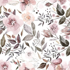18" UtART - Autumnal Watercolor Flowers on white - Nursery Fabric, Baby Girl Fabric