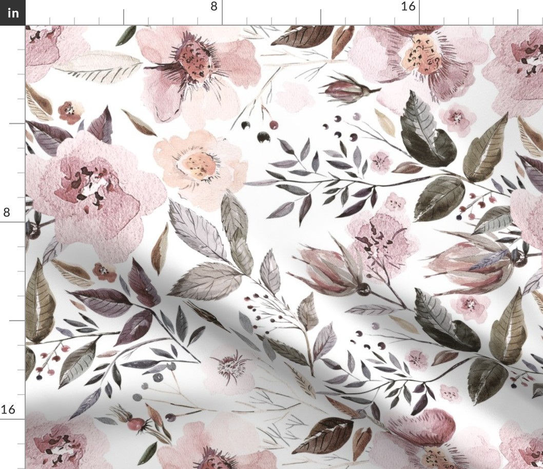 18" UtART - Autumnal Watercolor Flowers on white - Nostalgic Nursery Fabric, Baby Girl Fabric