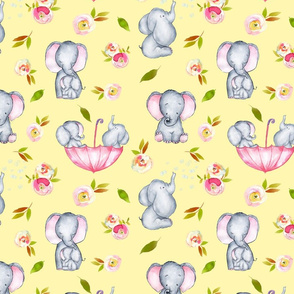 10" Cute elephants and flowers on yellow