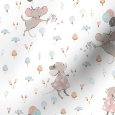 8" Cute baby mouse girl and flowers, mouse fabric, mouse nursery on flower meadow