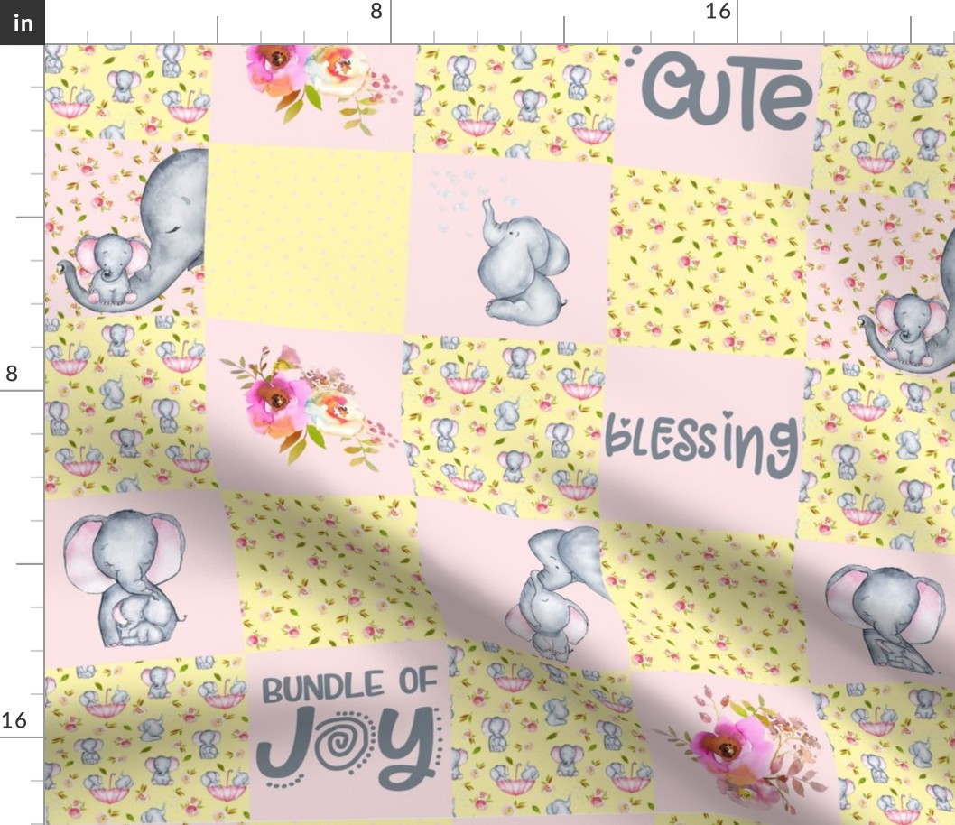 Little Elephants and Cute Animals Patchwork - baby girls quilt cheater quilt fabric - spring animals flower fabric, baby fabric, cheater quilt fabric 