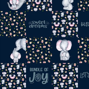 Little Elephants and Cute Animals Patchwork - baby girls quilt cheater quilt fabric - spring animals flower fabric, baby fabric, cheater quilt fabric on dark blue