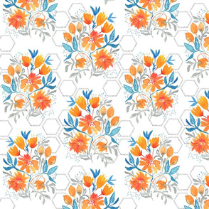 Apricot and Aqua Watercolor Floral and hexagons