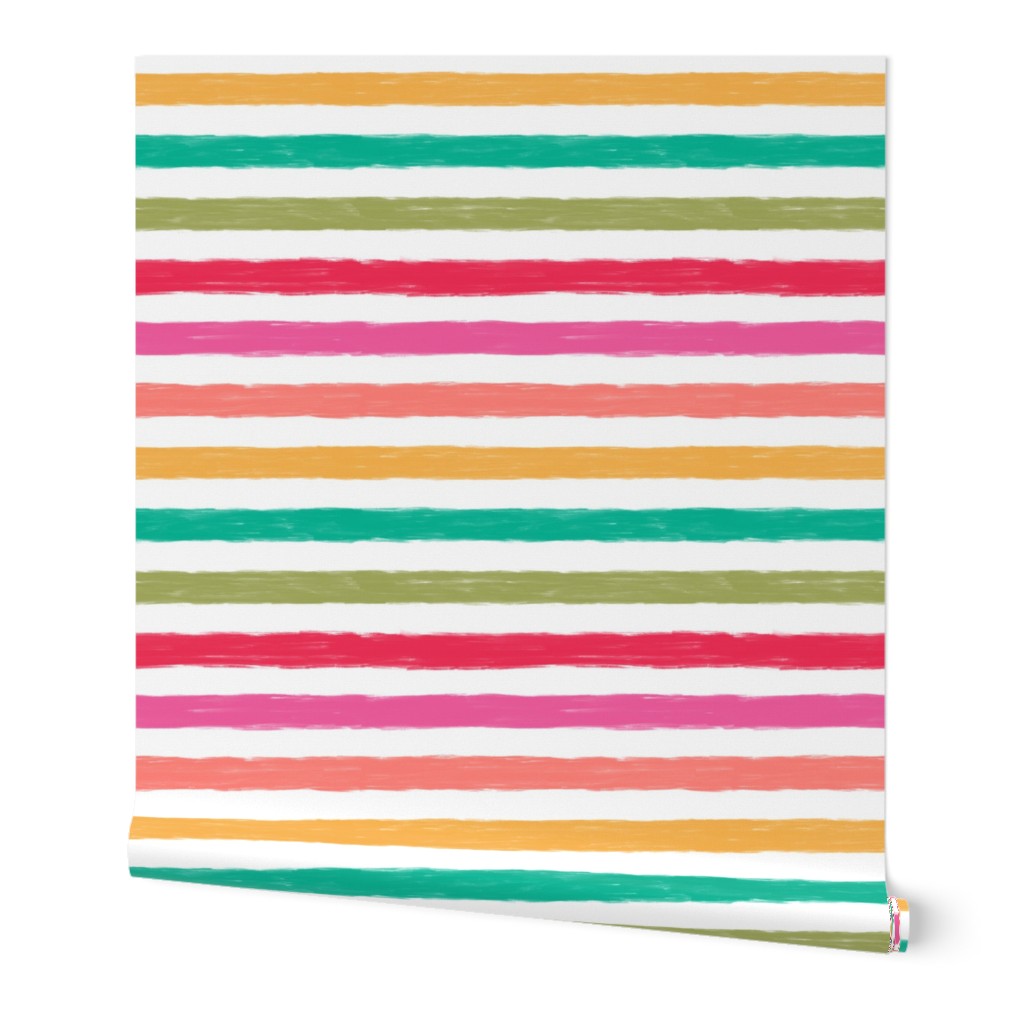 Multi Colored Watercolor Stripe in Red, Pink, Coral, Turquoise, Green and White