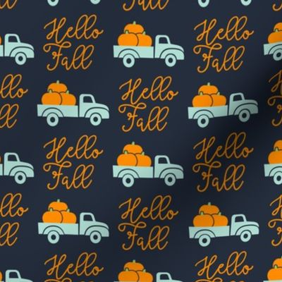 Hello Fall - vintage truck with pumpkins - blue - LAD19