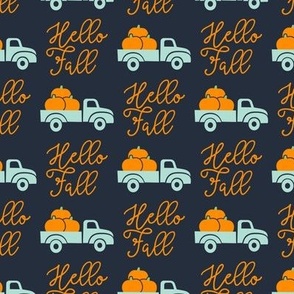 Hello Fall - vintage truck with pumpkins - blue - LAD19