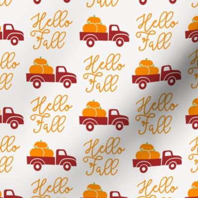 Hello Fall - vintage truck with pumpkins -  red truck - LAD19