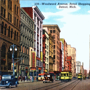 13-8    Woodward Ave, Downtown Detroit, vintage posrcard-21x18