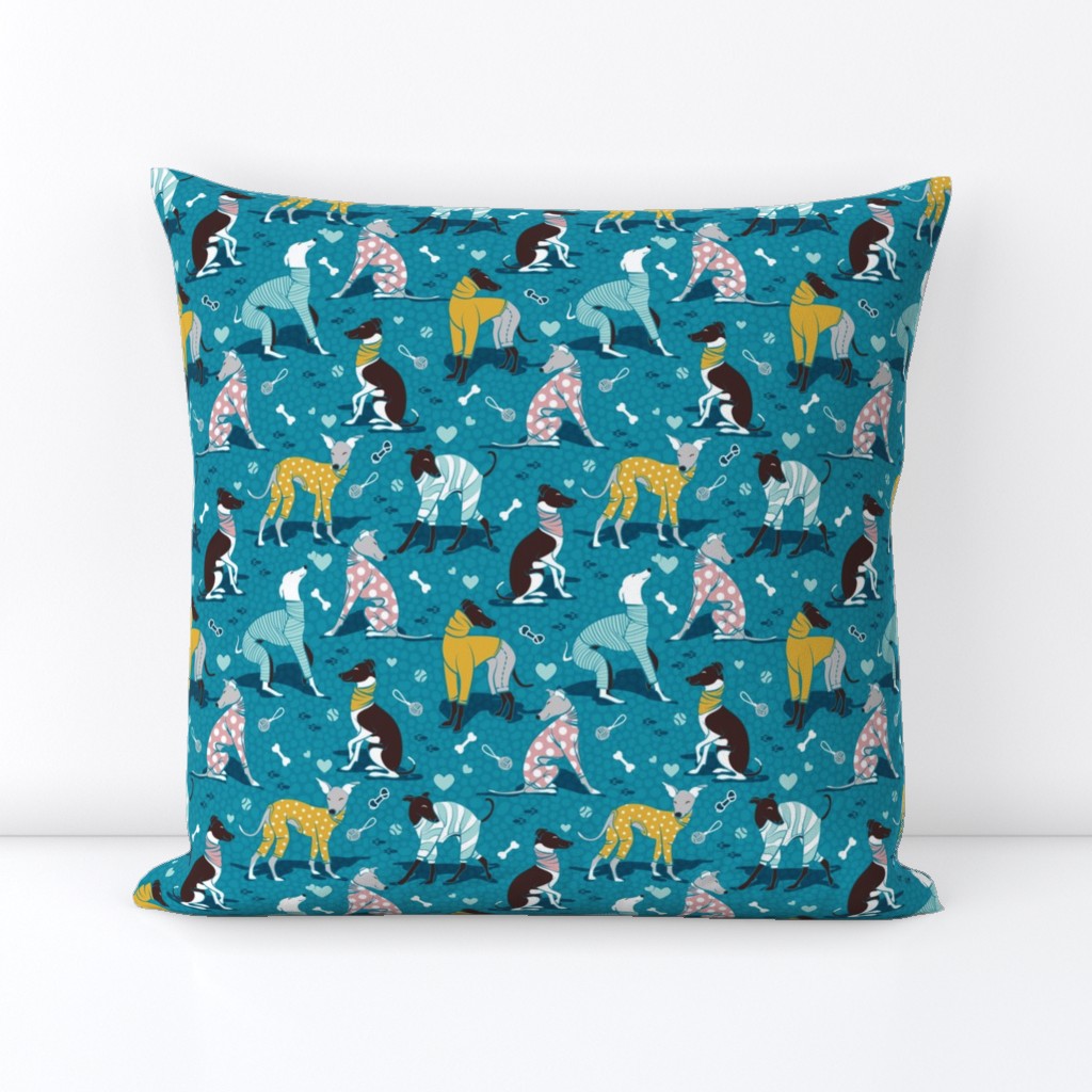 Small scale // Greyhounds dogwalk // turquoise background