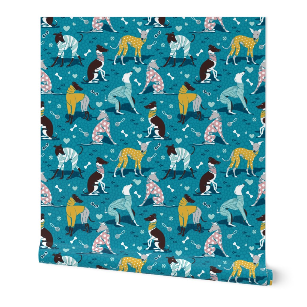 Small scale // Greyhounds dogwalk // turquoise background