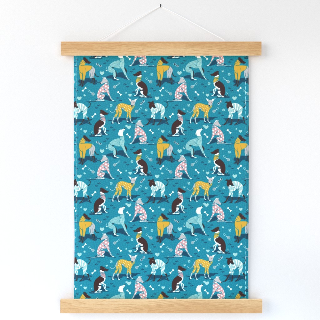 Small scale // Greyhounds dogwalk // turquoise background