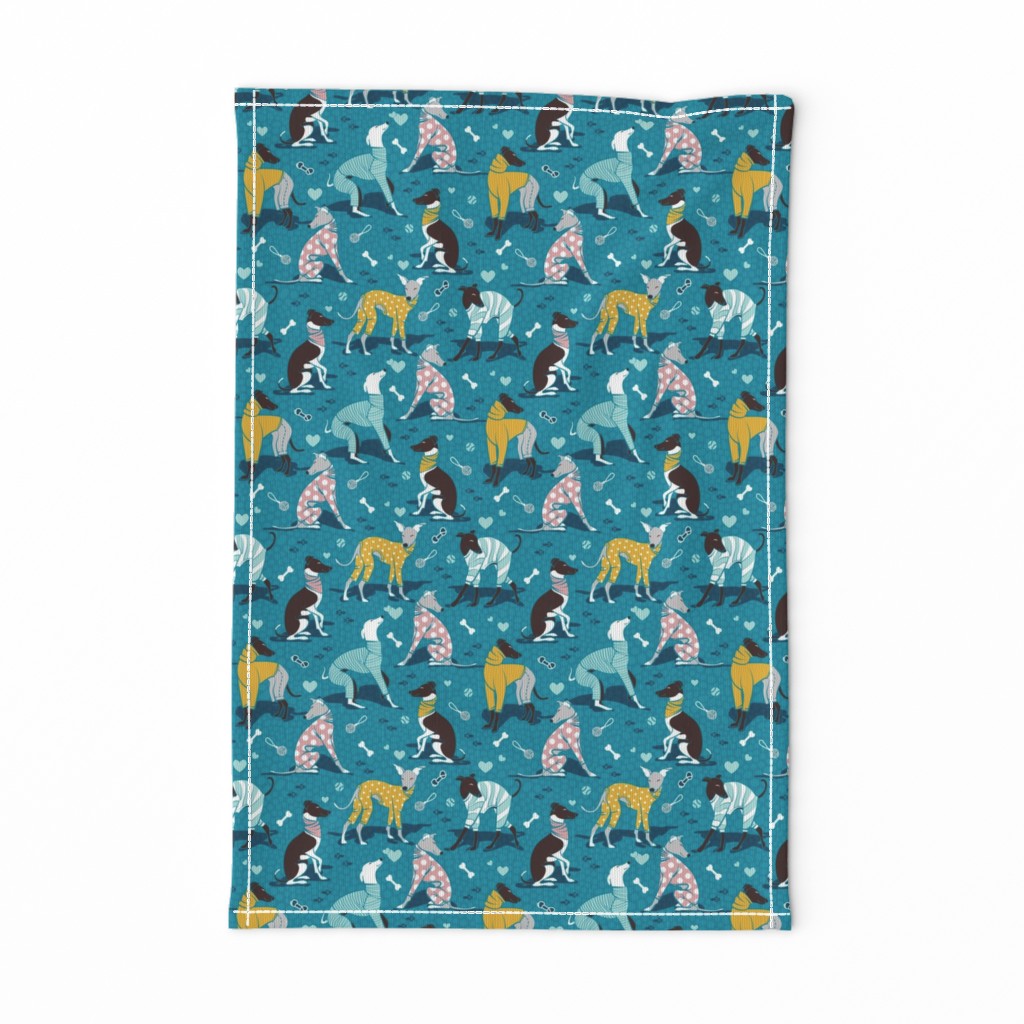 Small scale // Greyhounds dogwalk // turquoise background